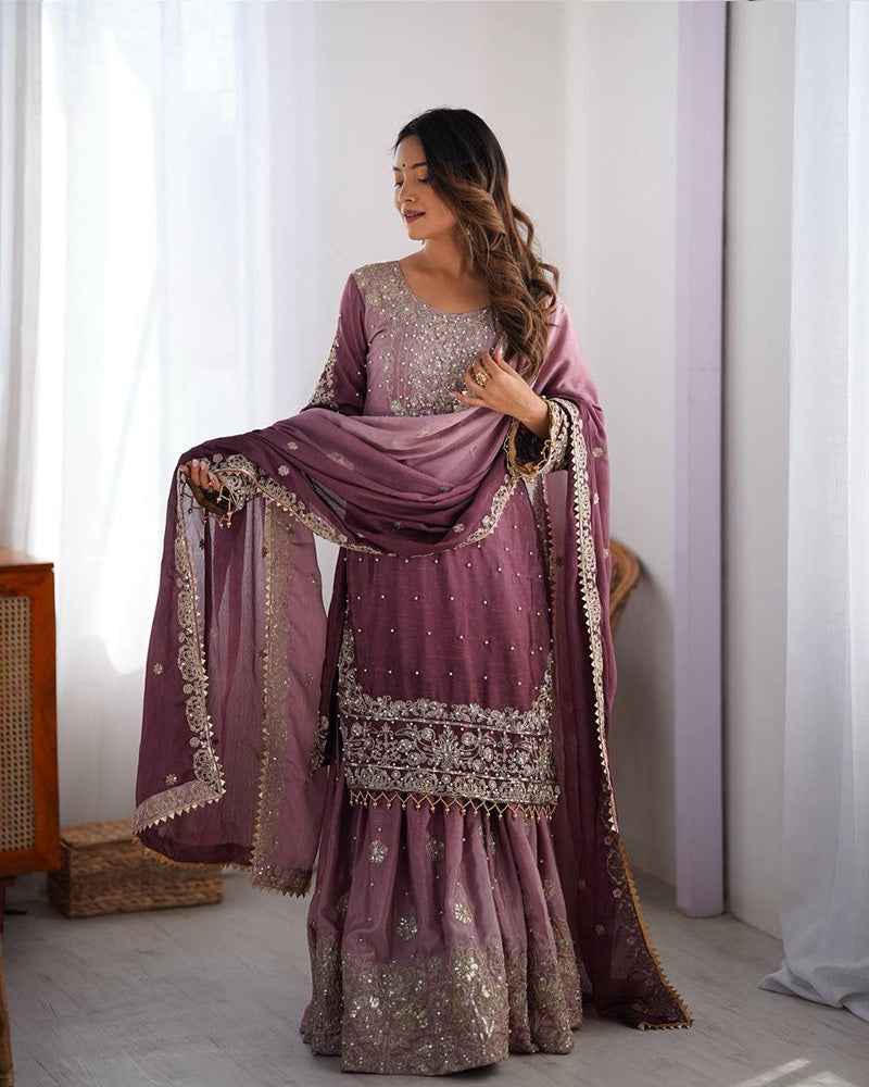 Onion color chinnon sequence work plazzo suit