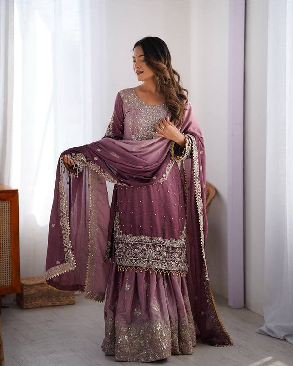 Onion color chinnon sequence work plazzo suit