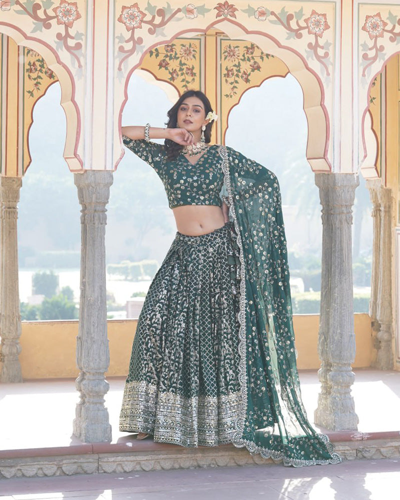 Design Green Color Sequence Embroidered Jacquard Lehenga Choli