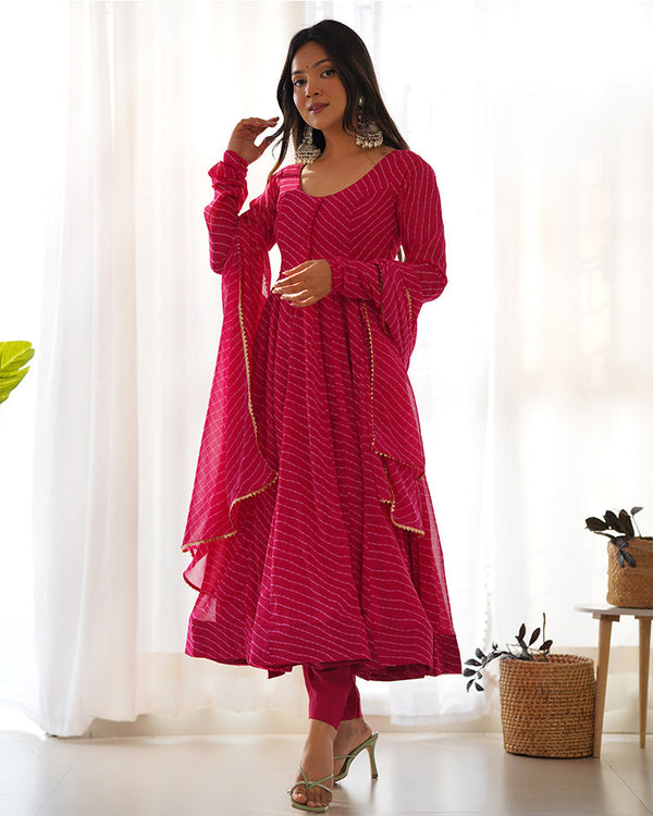 Rani Pink Color Laheriya Print Georgette Three Piece Anarkali Suit