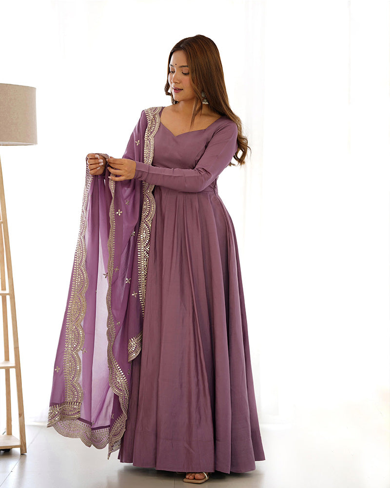ONION COLOR PURE CHANDERI SILK THREE PIECE ANARKALI SUIT
