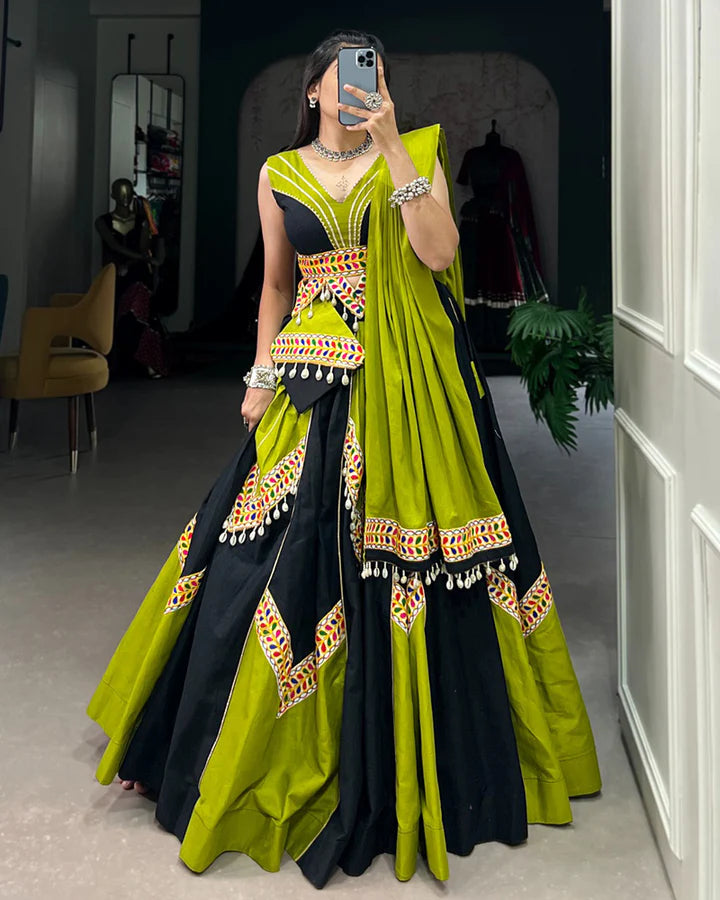 Parrot Green And Black Color Pure Cotton Navratri Lehenga Choli