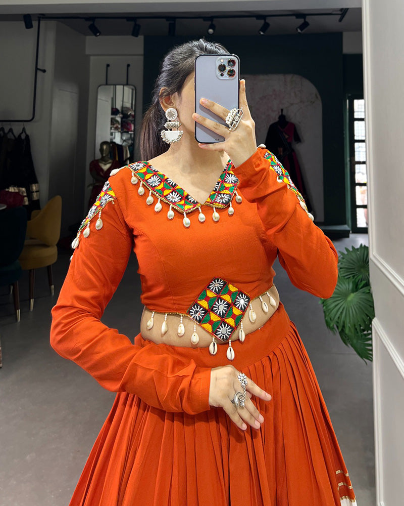 ORANGE COLOR PURE RAYON NAVRATRI LEHENGA CHOLI