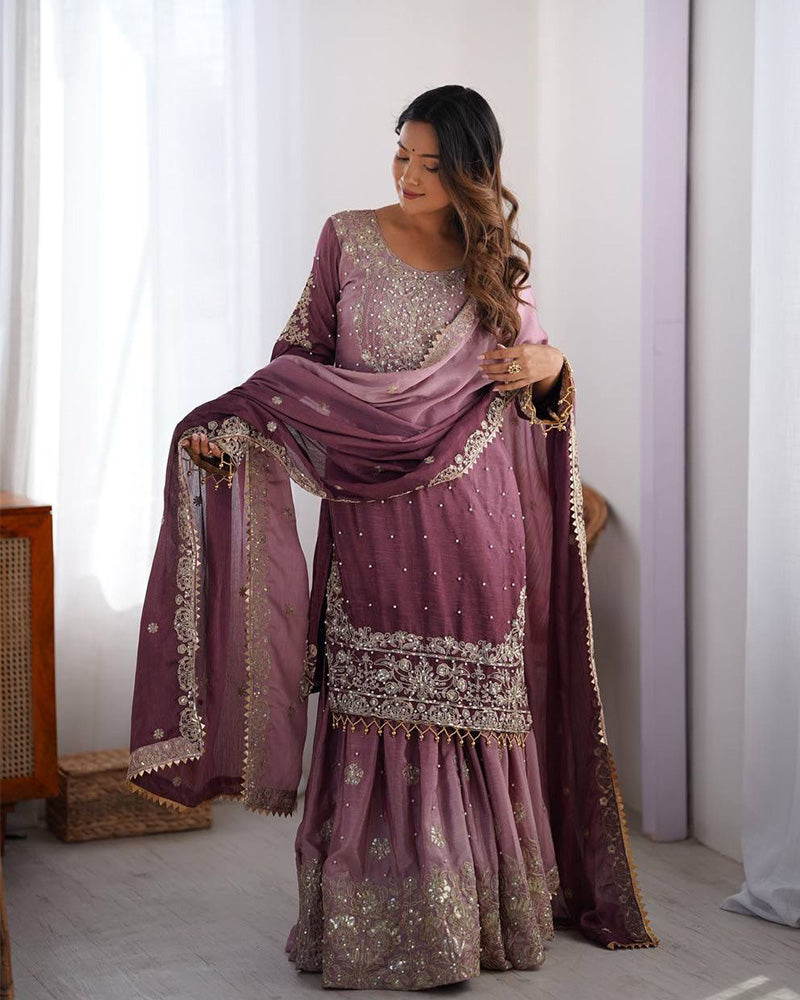 Onion color chinnon sequence work plazzo suit