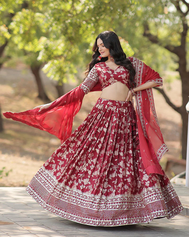 MAROON COLOR PURE VISCOSE JACQUARD LEHENGA CHOLI