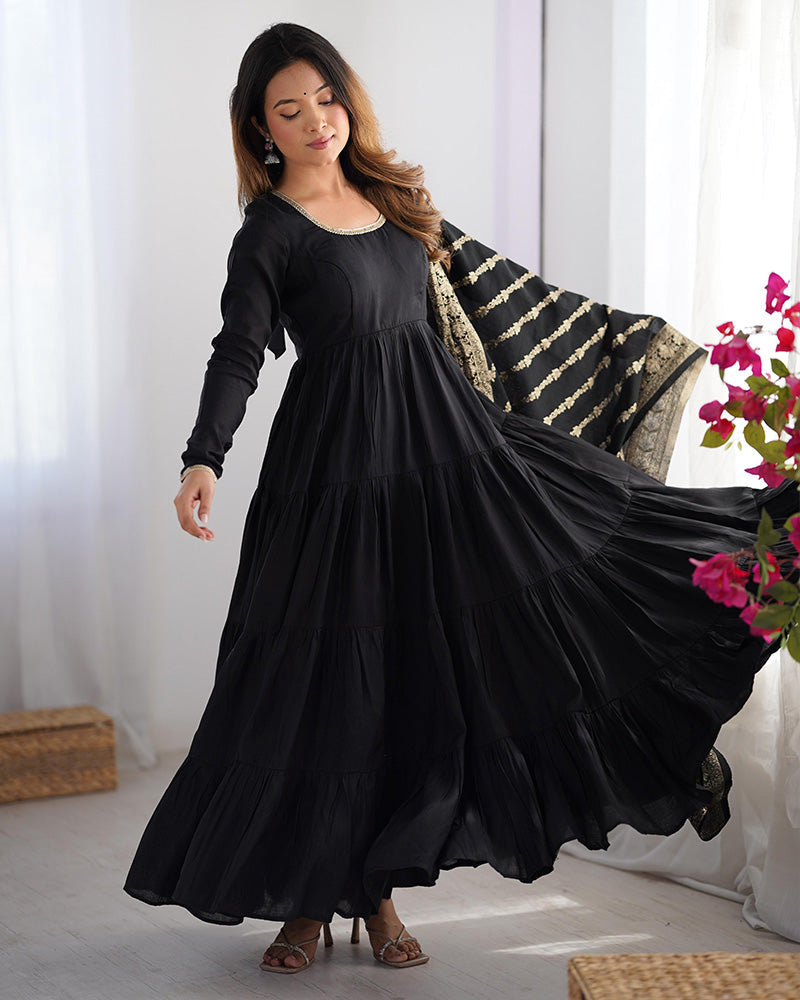 BLACK COLOR PURE ROMAN SILK RUFFLE STYLE ANARKALI SUIT