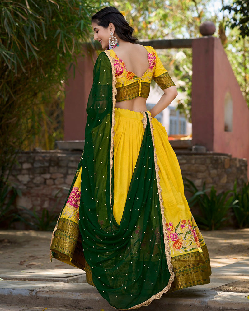 YELLOW COLOR COTTON SILK DESIGNER LEHENGA CHOLI