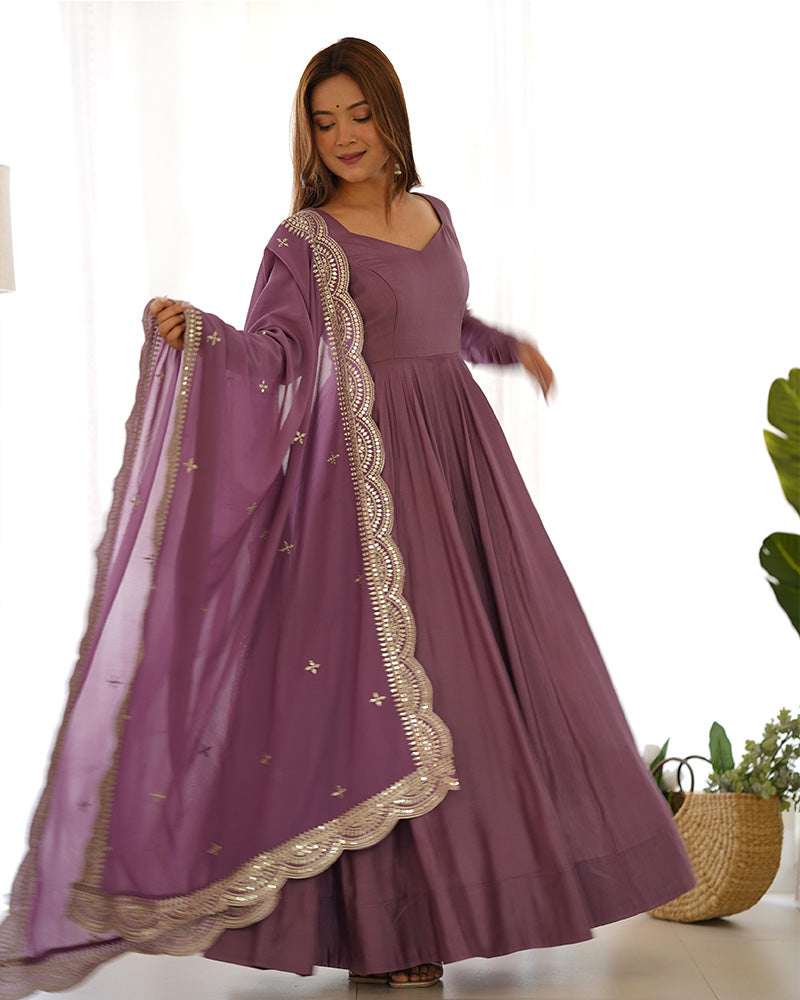 ONION COLOR PURE CHANDERI SILK THREE PIECE ANARKALI SUIT