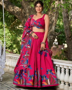 RANI PINK COLOR POLYESTER VISCOSE CHANDERI LEHENGA CHOLI