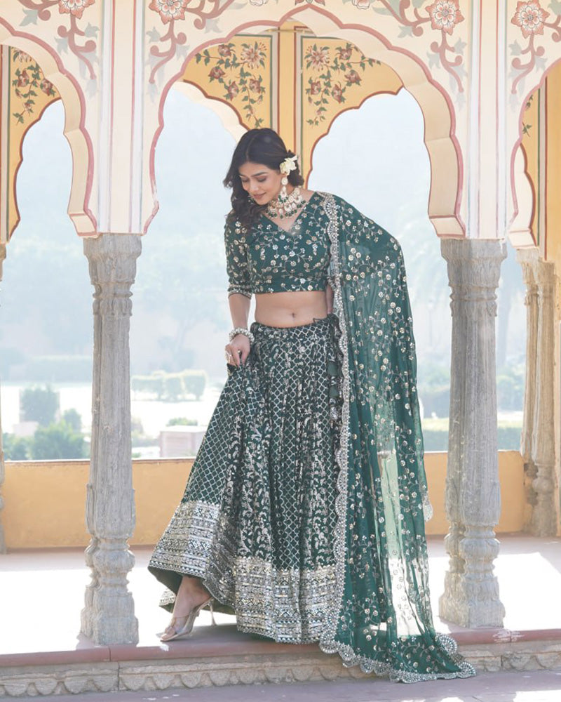 Design Green Color Sequence Embroidered Jacquard Lehenga Choli