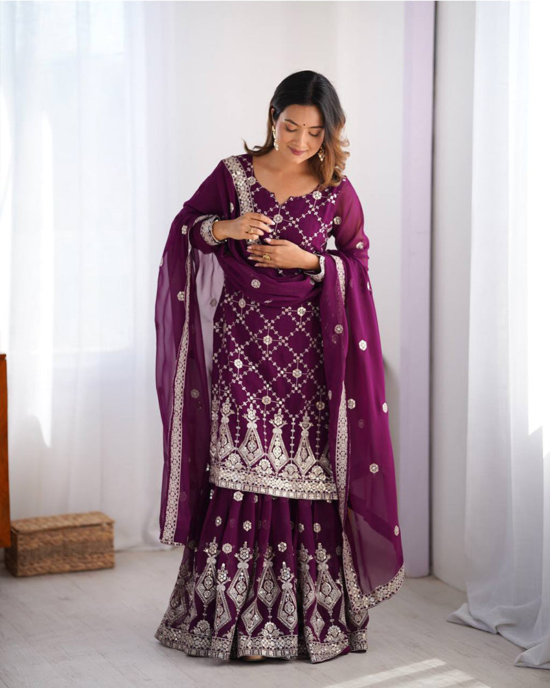 Wine Color Faux Georgette Sharara Suit