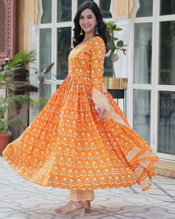 Orange color printed pure cotton three piece kurti suit