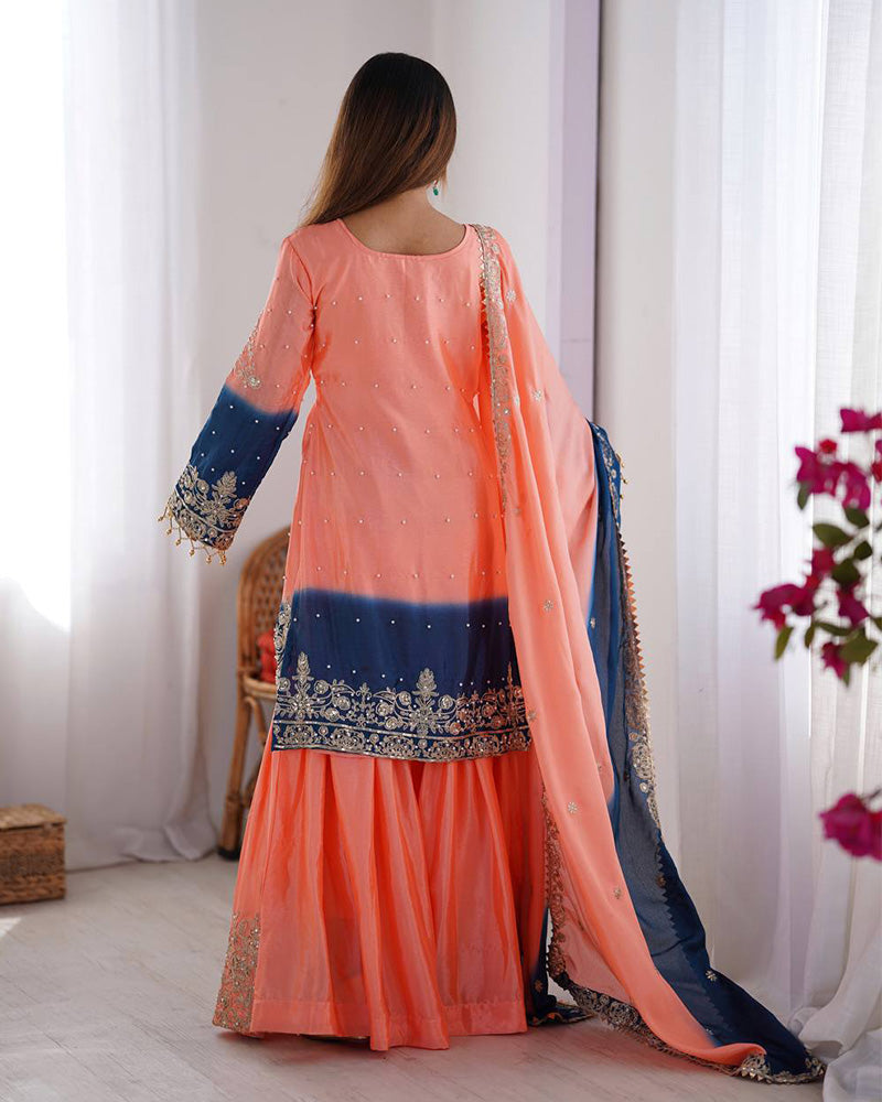 Peach color chinnon sequence worak plazzo suit