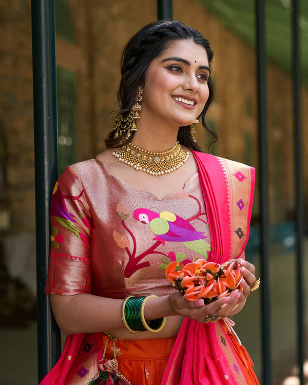 ORANGE COLOR JACQUARD SILK LEHENGA CHOLI