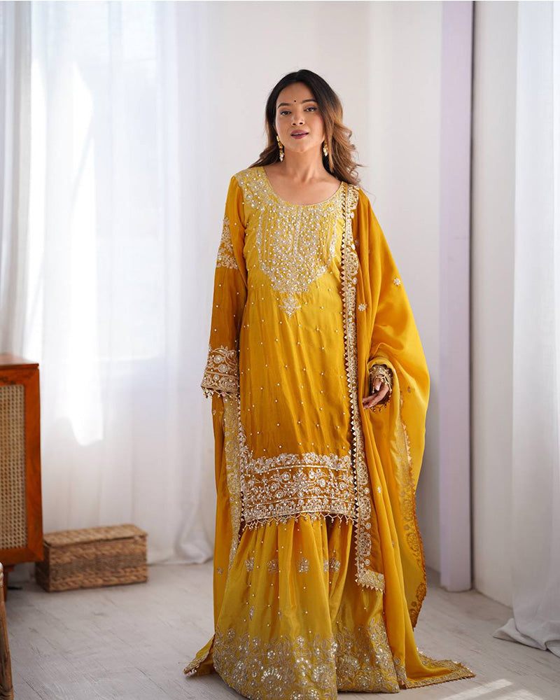 Yellow color chinnon sequence work plazzo suit