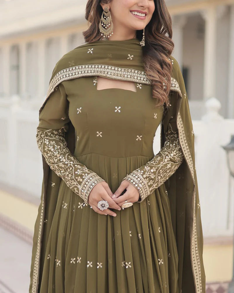 Faux Georgette Mehendi Color Anarkali Gown With Sequence Embroidery Dupatta