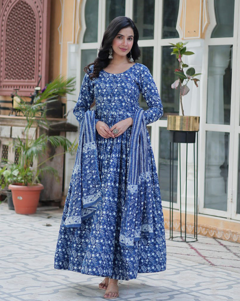Blue color printed pure cotton three piece kurti suit