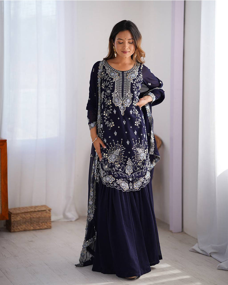 Dark blue color faux georgette sharara suit