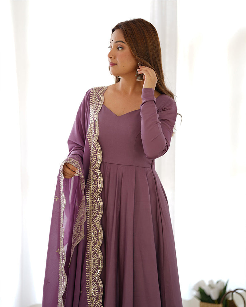 ONION COLOR PURE CHANDERI SILK THREE PIECE ANARKALI SUIT