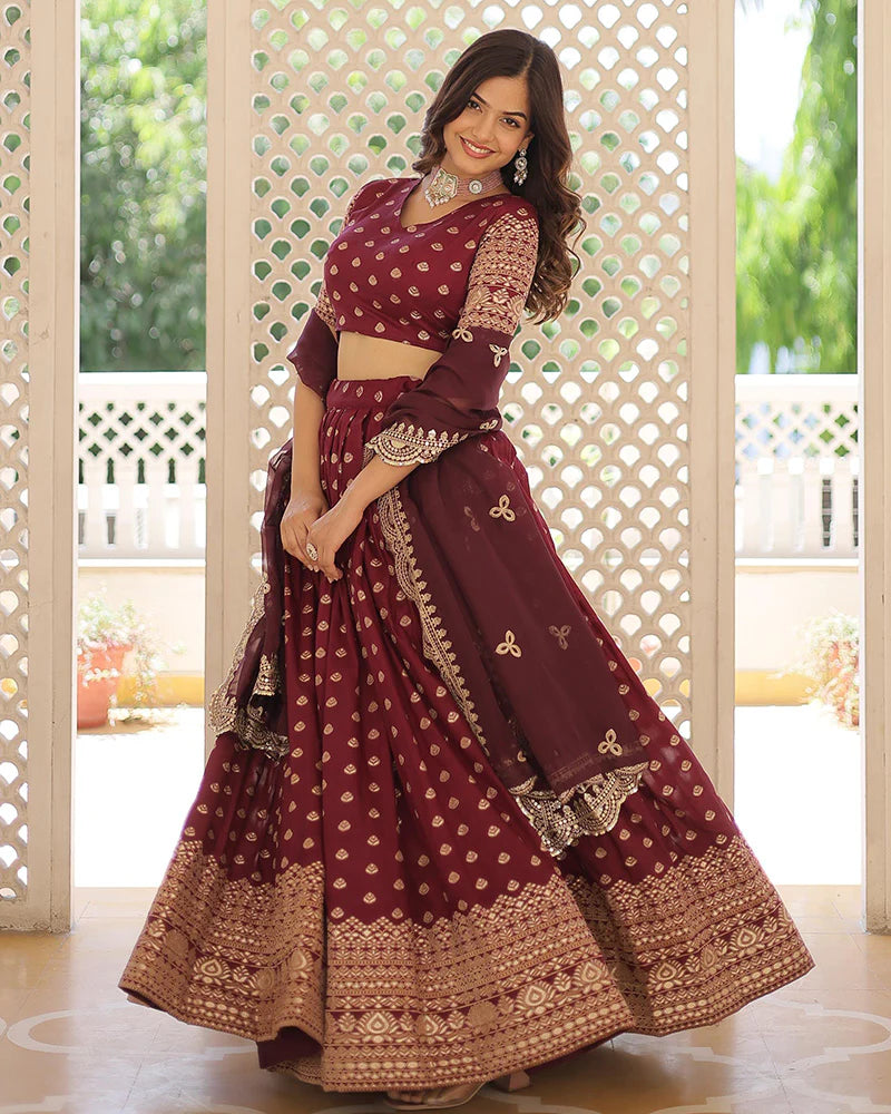 WINE COLOR PURE DYABLE JACQUARD LEHENGA CHOLI