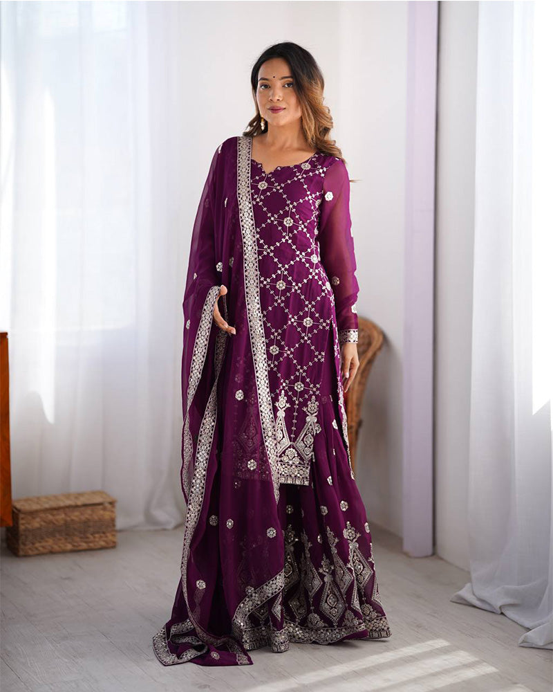 Wine Color Faux Georgette Sharara Suit