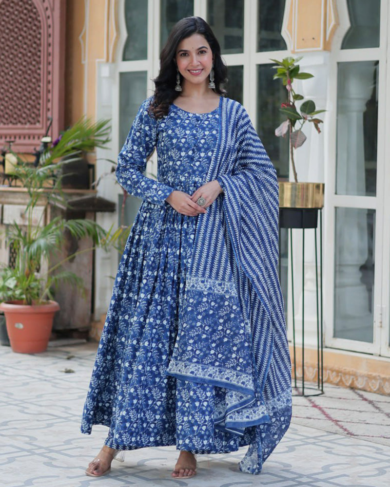 Blue color printed pure cotton three piece kurti suit
