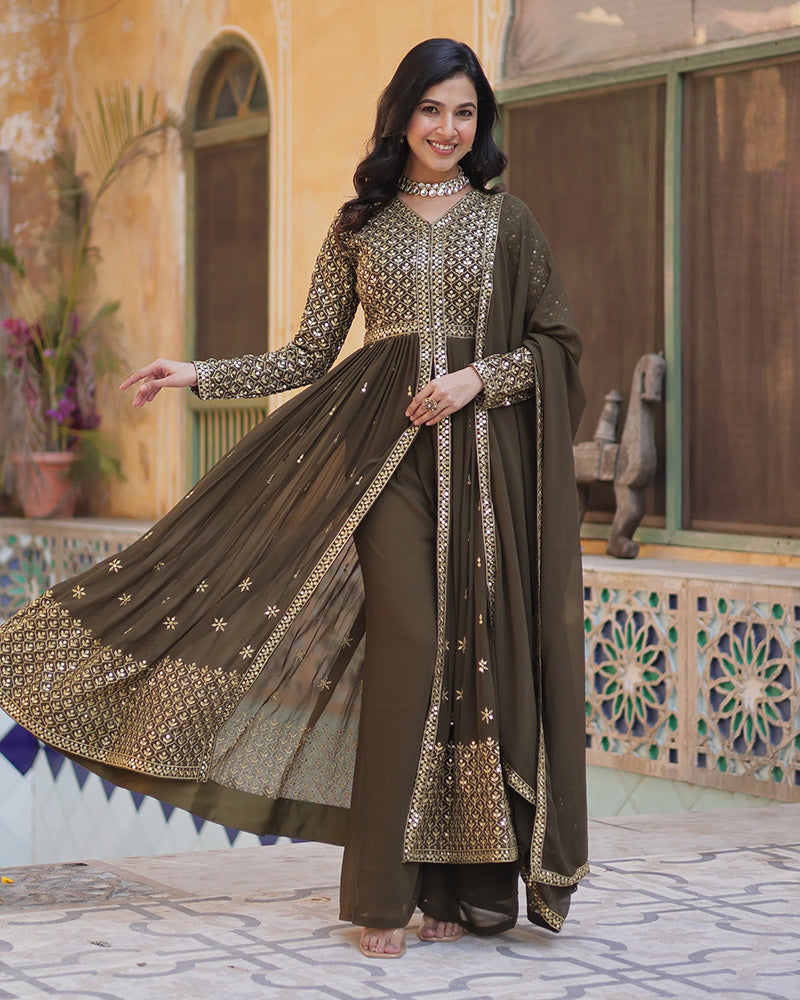 Designer mehndi color three piece sharara suit