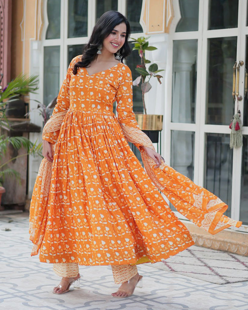Orange color printed pure cotton three piece kurti suit
