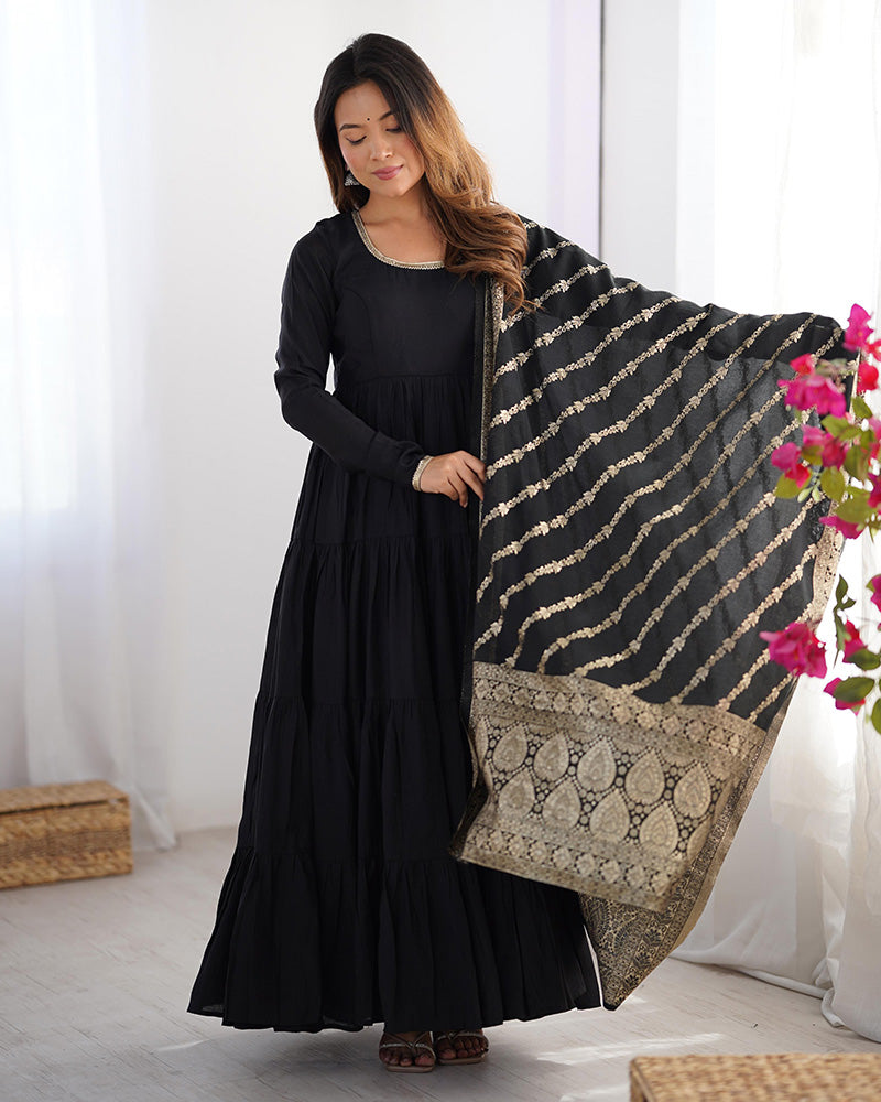 BLACK COLOR PURE ROMAN SILK RUFFLE STYLE ANARKALI SUIT