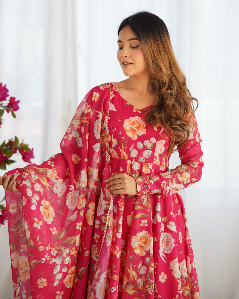 Rani pink color pure soft organza three piece anarkali suit