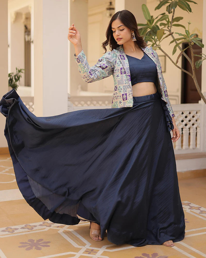 NAVY BLUE COLOR PURE CHINNON LEHENGA CHOLI