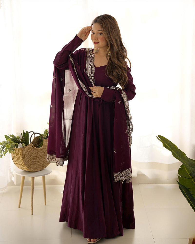 BEAUTIFUL WINE COLOR PURE CHANDERI SILK THREE PIECE ANARKALI SUIT