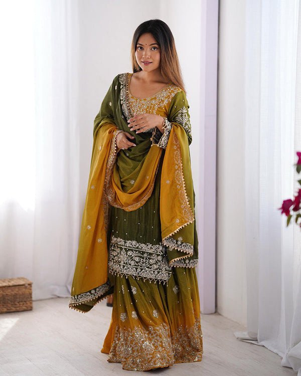 Mehndi color chinnon sequence work plazzo suit