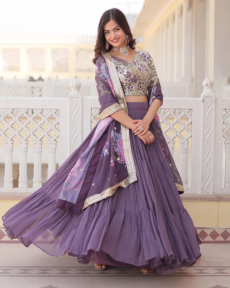 LAVENDER COLOR FAUX GEORGETTE FRILL STYLE LEHENGA CHOLI