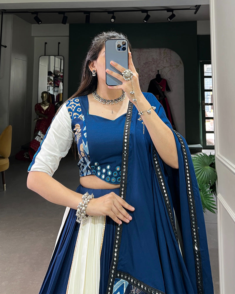 WHITE AND BLUE COLOR RAYON NAVRATRI LEHENGA CHOLI
