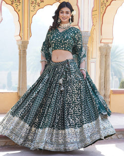 Design Green Color Sequence Embroidered Jacquard Lehenga Choli