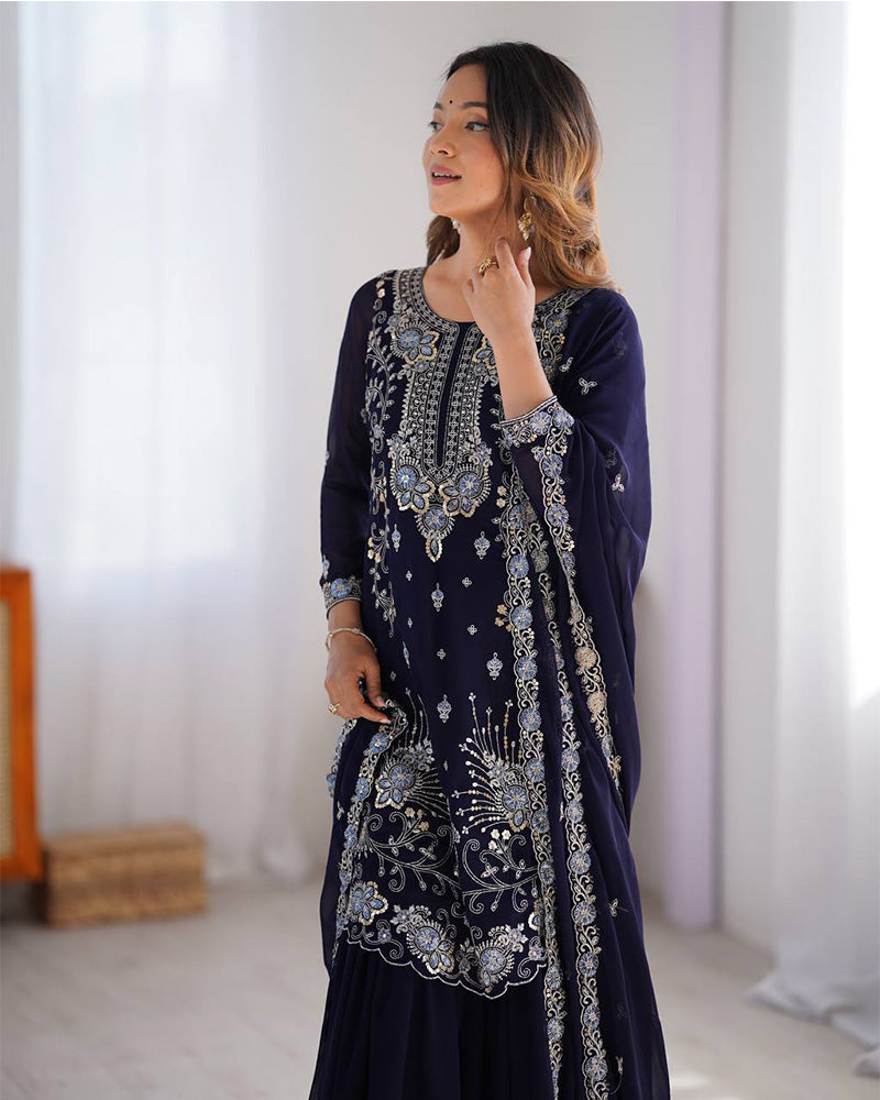 Dark blue color faux georgette sharara suit