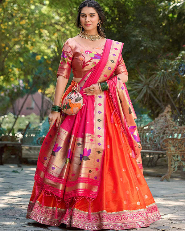 ORANGE COLOR JACQUARD SILK LEHENGA CHOLI