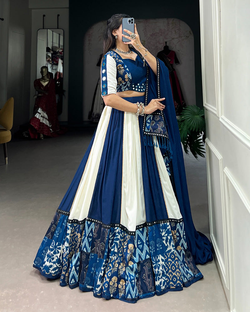 WHITE AND BLUE COLOR RAYON NAVRATRI LEHENGA CHOLI