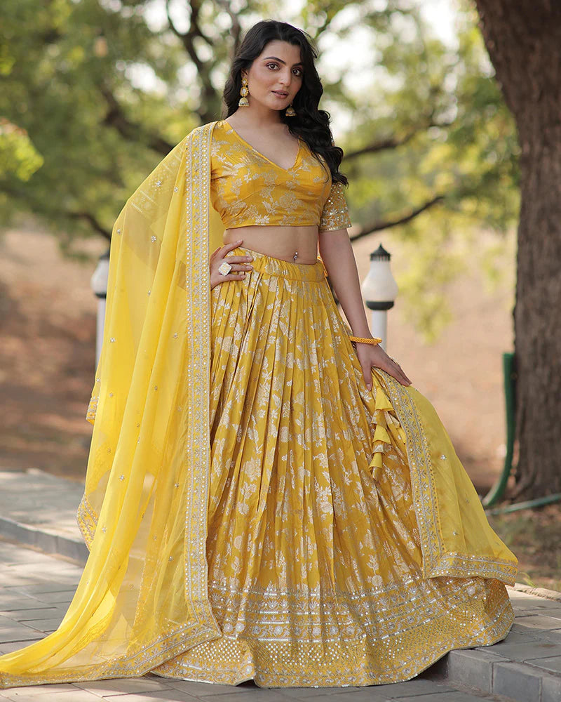 YELLOW COLOR PURE VISCOSE JACQUARD LEHENGA CHOLI