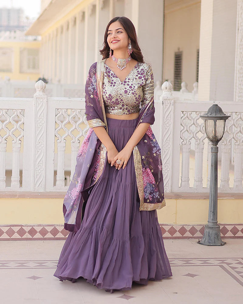 LAVENDER COLOR FAUX GEORGETTE FRILL STYLE LEHENGA CHOLI