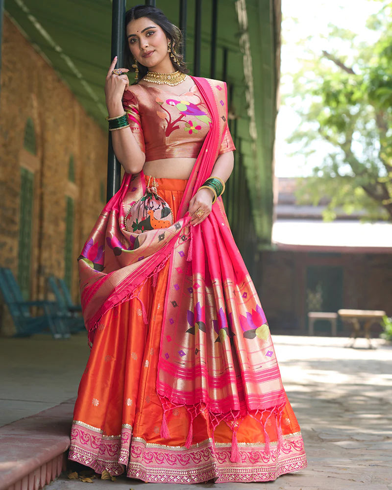 ORANGE COLOR JACQUARD SILK LEHENGA CHOLI