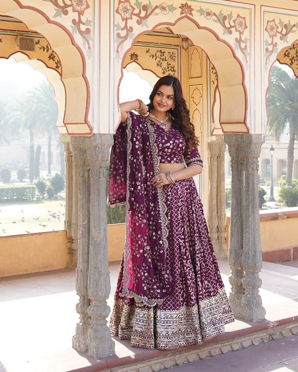 Design Wine Color Sequence Embroidered Jacquard Lehenga Choli