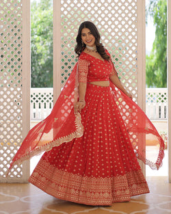 RED COLOR PURE DYABLE JACQUARD LEHENGA CHOLI