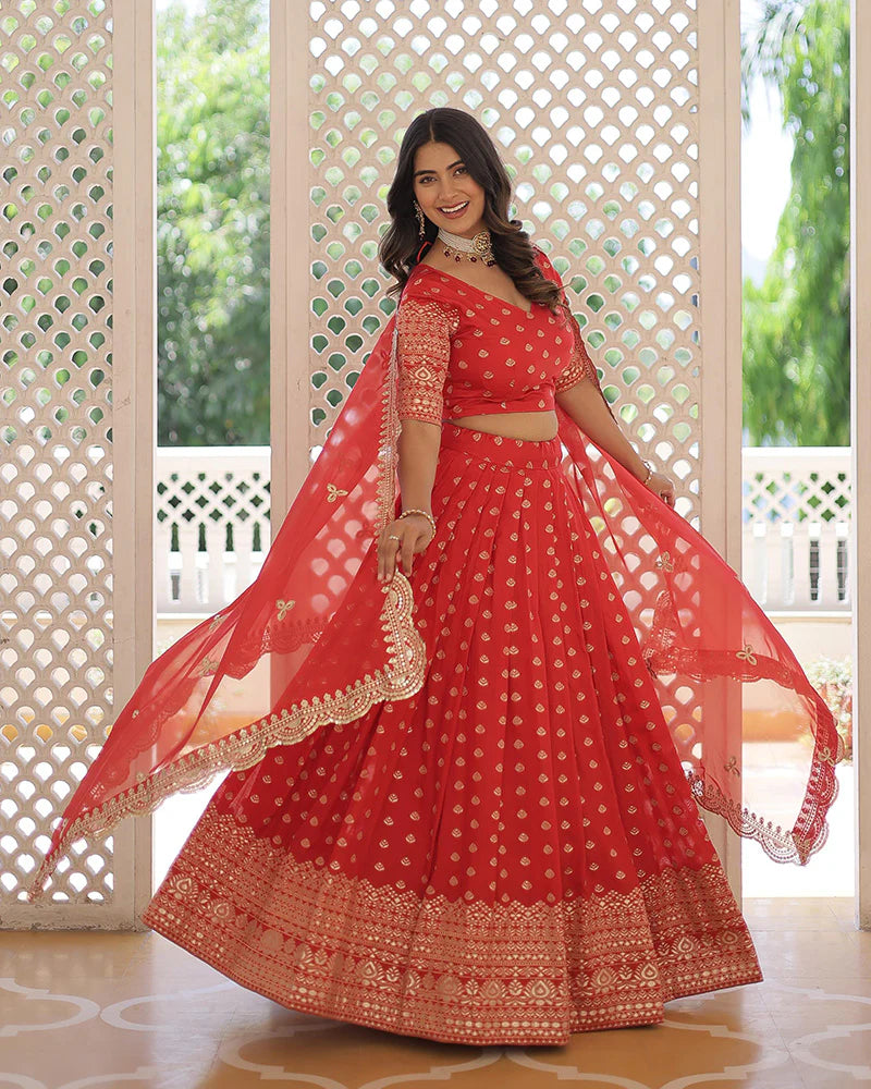 RED COLOR PURE DYABLE JACQUARD LEHENGA CHOLI subhvastra