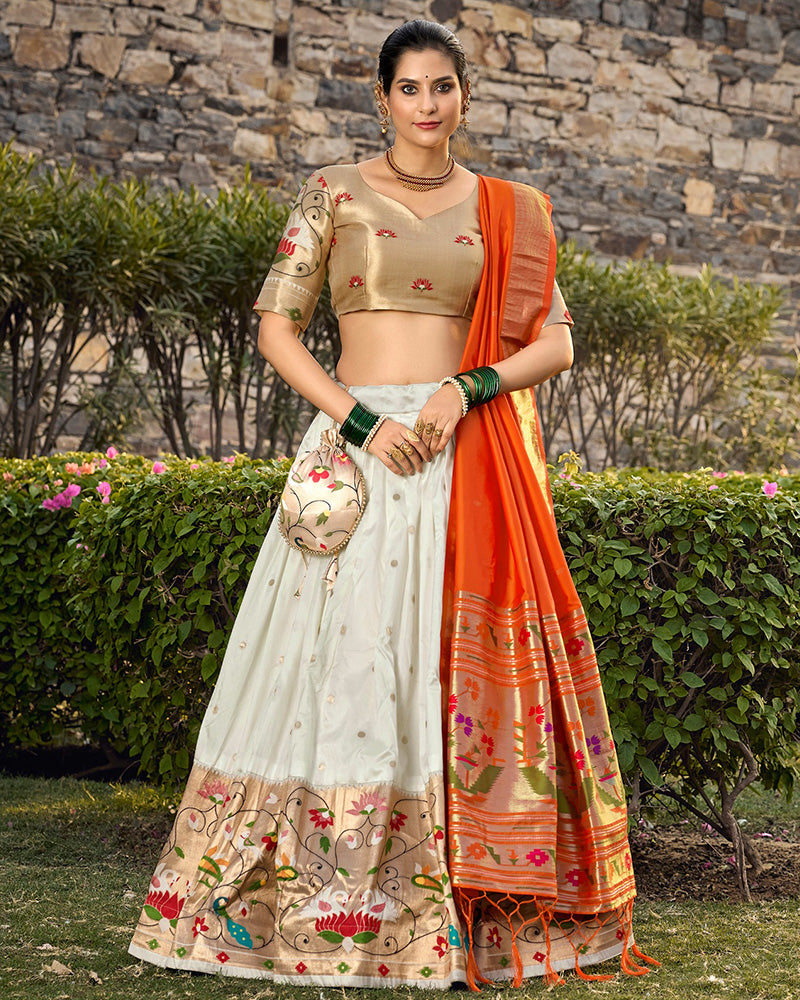 Designer White Color Jacquard Paithani Silk Lehenga Choli