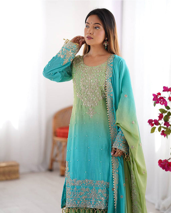 Pista green color chinnon sequence work plazzo suit