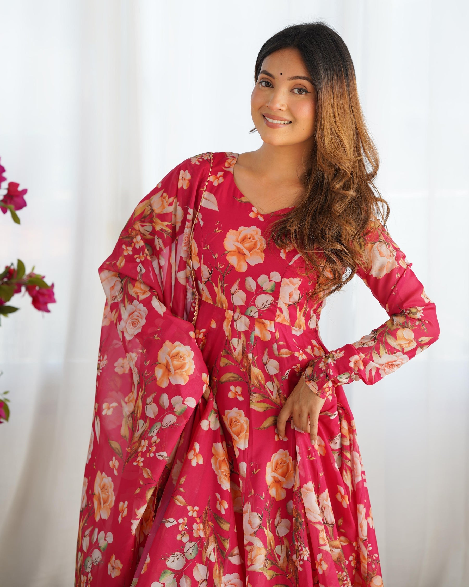 Rani pink color pure soft organza three piece anarkali suit