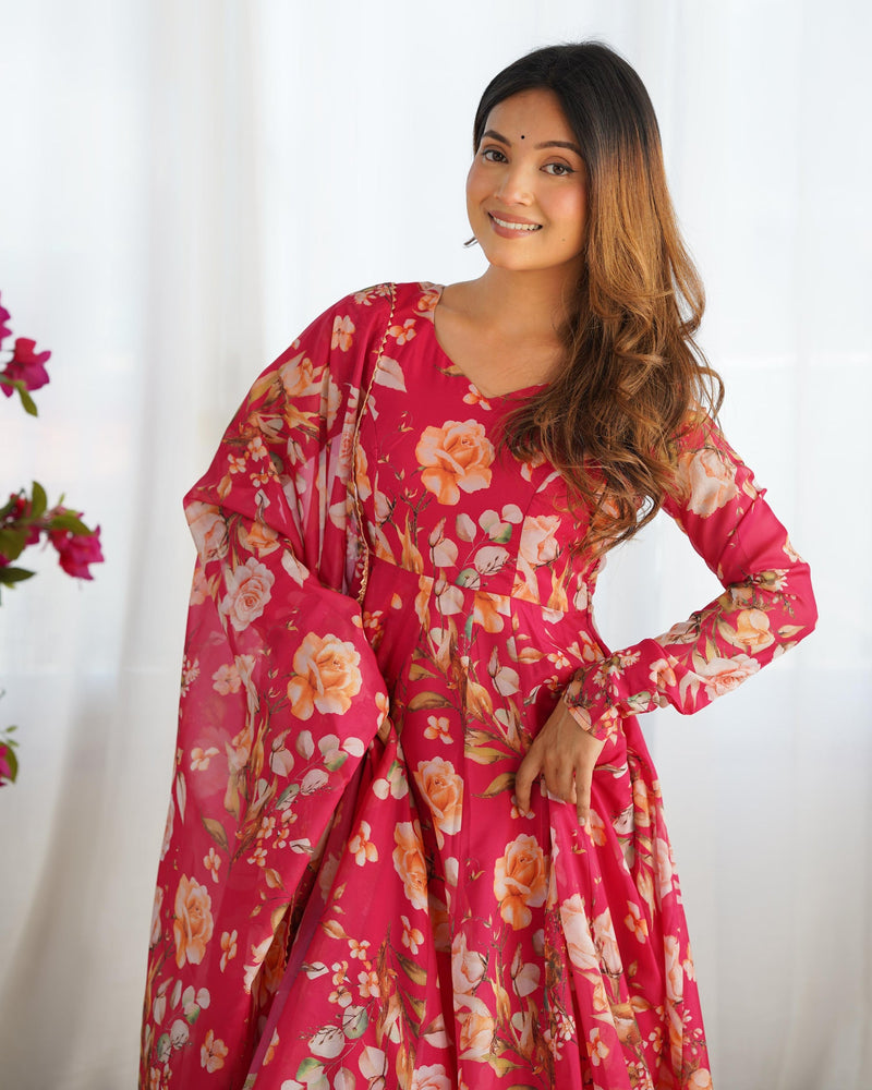 Rani pink color pure soft organza three piece anarkali suit