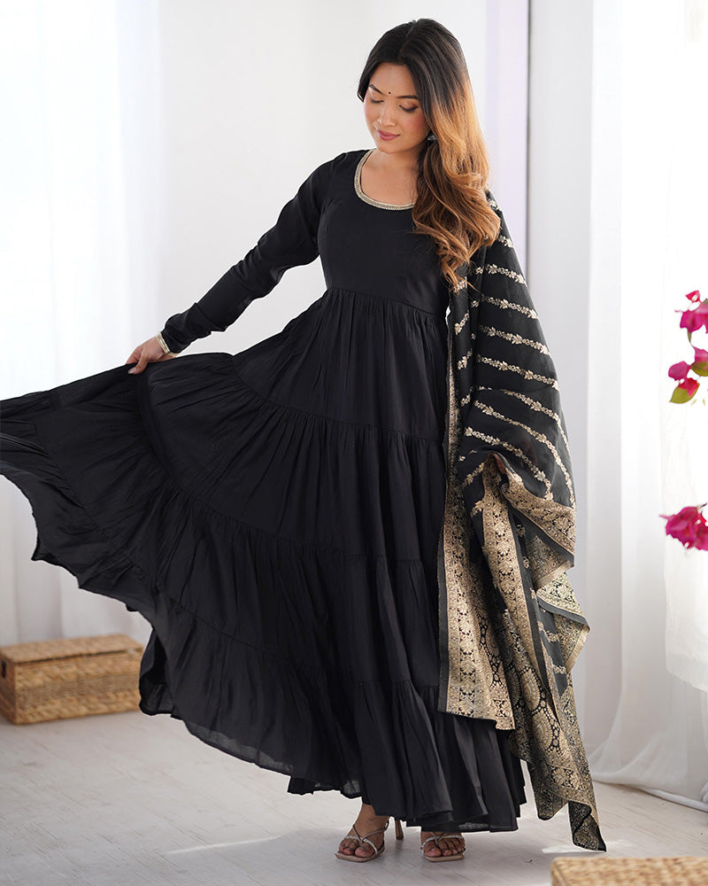 BLACK COLOR PURE ROMAN SILK RUFFLE STYLE ANARKALI SUIT